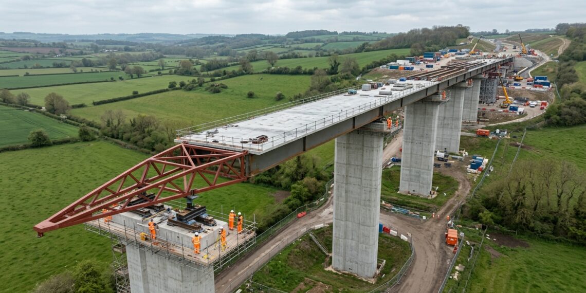 Viaduto de 320 metros é deslizado horizontalmente sobre pilares durante a operação de lançamento.