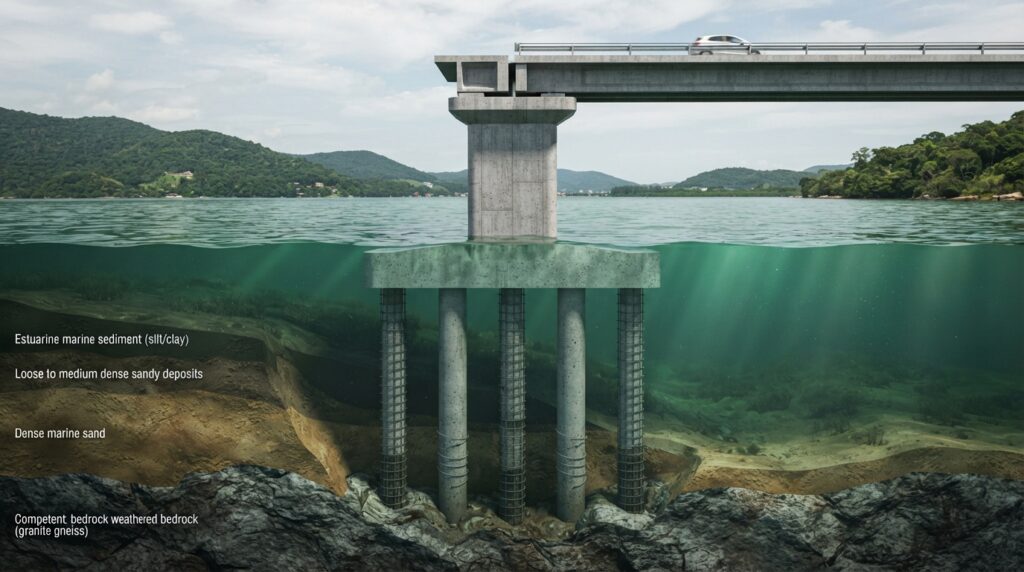 Ilustração técnica em corte mostra estacas profundas de concreto atravessando sedimentos submersos para sustentar o pilar de uma ponte.
