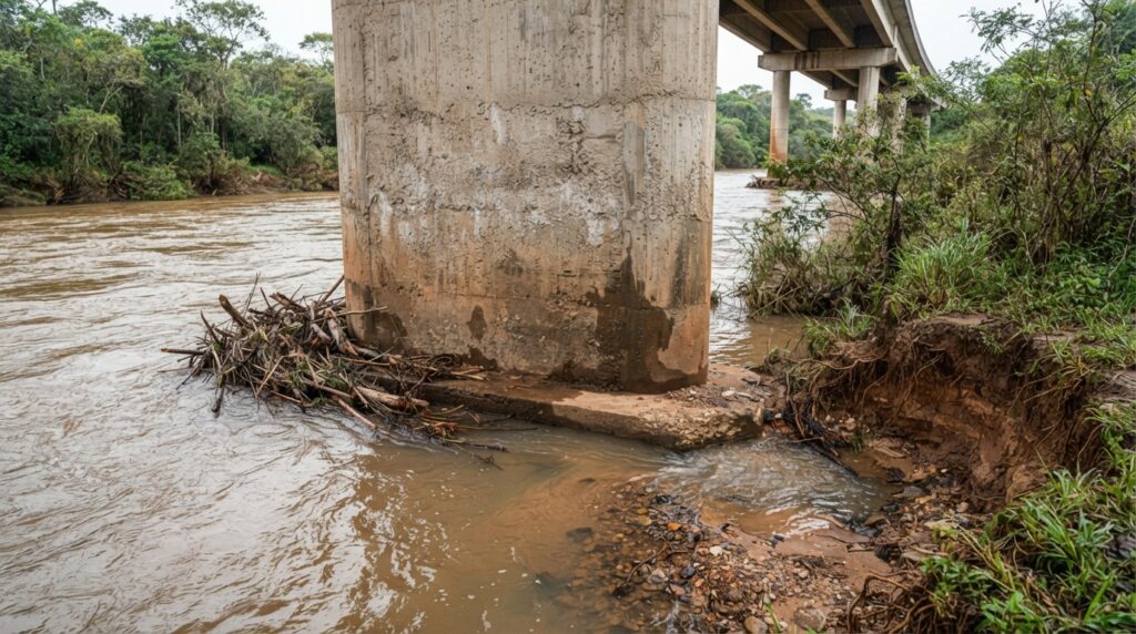Pilar de ponte de concreto junto à água, com galhos acumulados e sinais de erosão na margem.