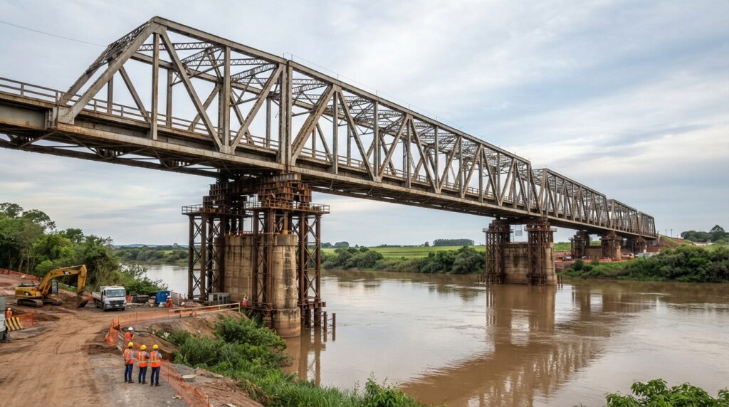 Ponte metálica de grande porte aparece elevada sobre seus apoios durante uma operação de engenharia às margens de um rio no Rio Grande do Sul.