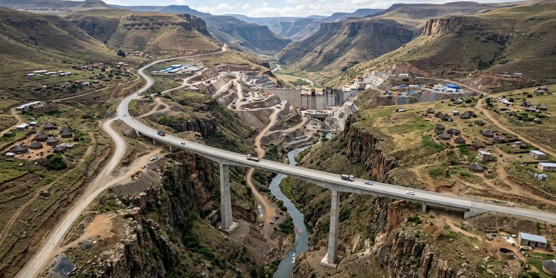 Ponte Senqu atravessa o vale antes do enchimento do futuro reservatório de Polihali.