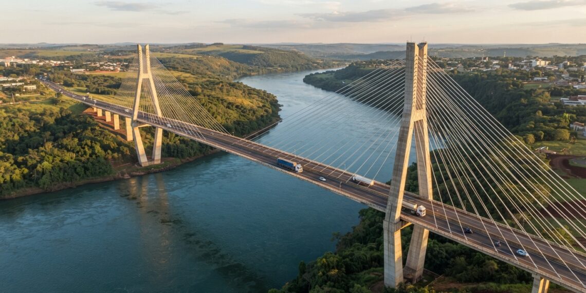 Vista aérea ilustrativa da Ponte da Integração sobre o Rio Paraná, mostrando duas torres de concreto, cabos de aço e o longo vão central entre Brasil e Paraguai.