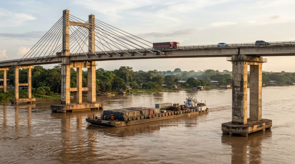 Ilustração de perfuratrizes, plataformas metálicas e guindastes instalando fundações para uma grande ponte sobre um rio amazônico.