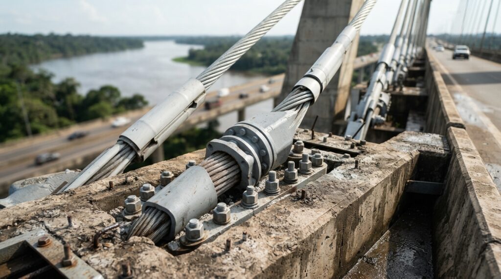 Detalhe de cabos de aço tensionados e ancoragens metálicas conectados ao tabuleiro de concreto de uma ponte estaiada.