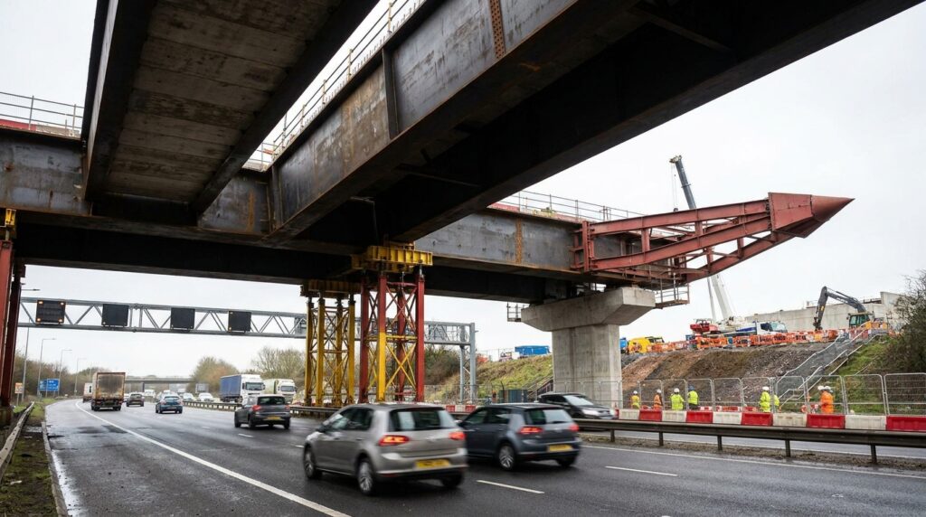 Corte técnico mostra sistema hidráulico e apoios usados para lançar o viaduto.