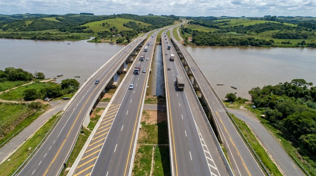 Pontes paralelas sobre o Rio Camaquã recebem fluxos separados de veículos nos dois sentidos da BR-116.