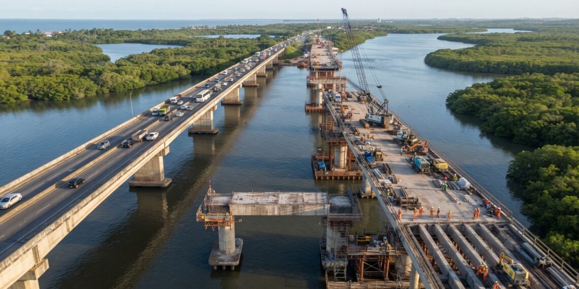 Duas pontes paralelas sobre um canal no Maranhão, com uma em reconstrução e a outra destinada à circulação de veículos.