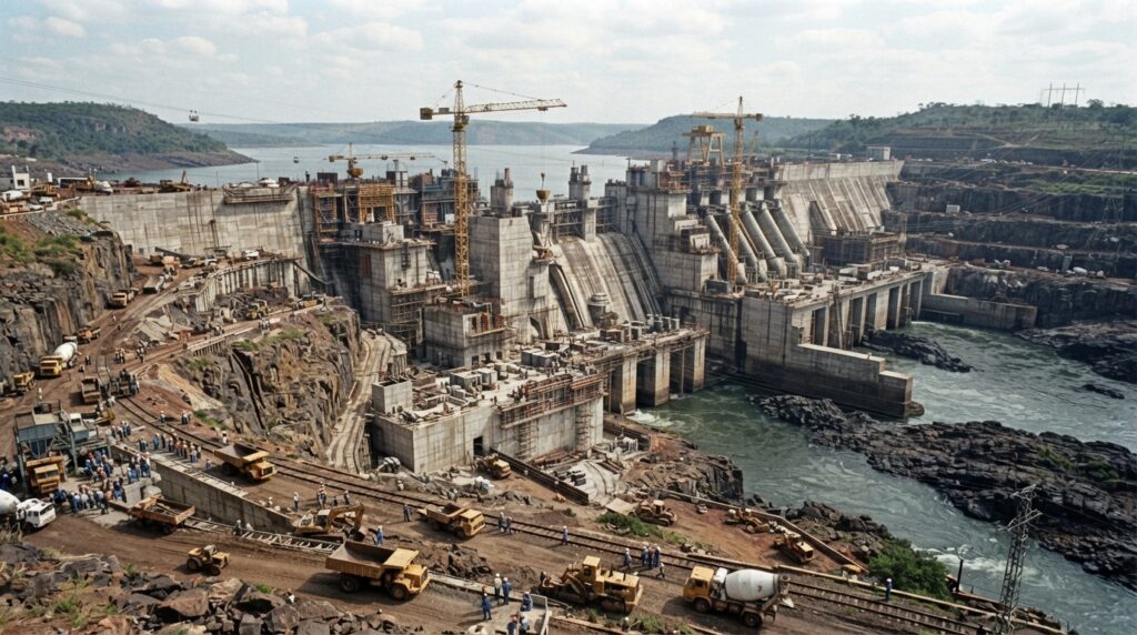 Engenheiros e trabalhadores analisam desenhos técnicos durante a construção de uma grande barragem de concreto.