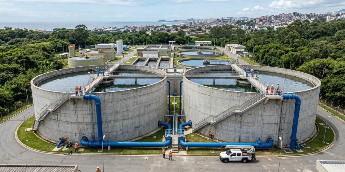 Dois grandes reservatórios circulares de concreto construídos lado a lado no litoral de São Paulo.