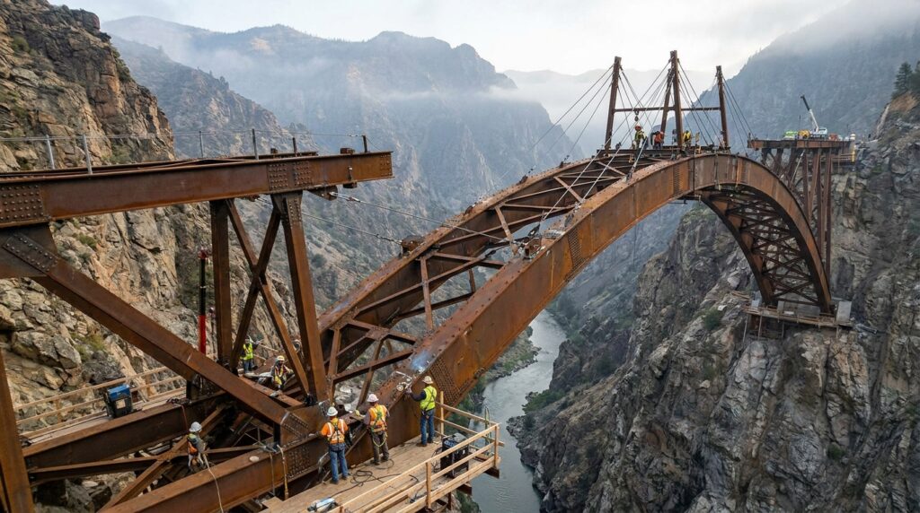 Estrutura metálica de uma ponte ferroviária em construção sobre um desfiladeiro, com treliças e cabos temporários.