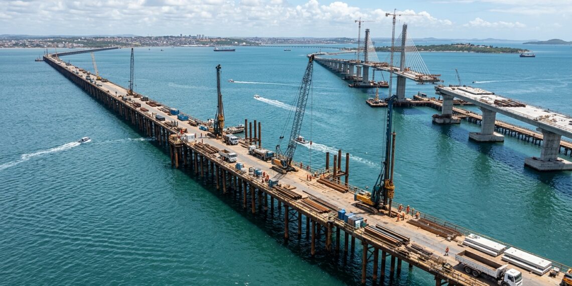 Plataforma provisória de quilômetros acompanha o traçado da futura Ponte Salvador–Itaparica sobre a baía.