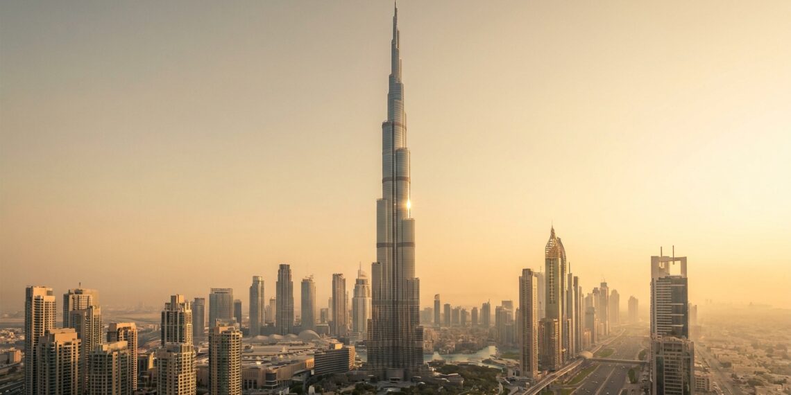 Burj Khalifa em Dubai, arranha-céu de 828 metros conhecido como o edifício mais alto do mundo.
