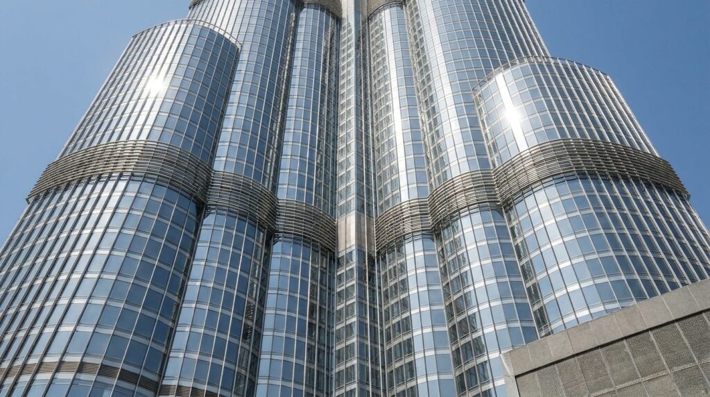 Detalhe da fachada escalonada do Burj Khalifa, com recuos sucessivos ao longo da torre.