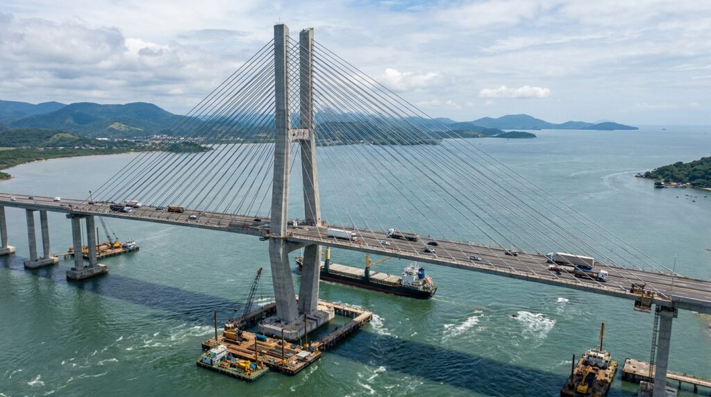 Trecho estaiado da Ponte de Guaratuba mantém o canal de navegação livre entre os pilares principais.