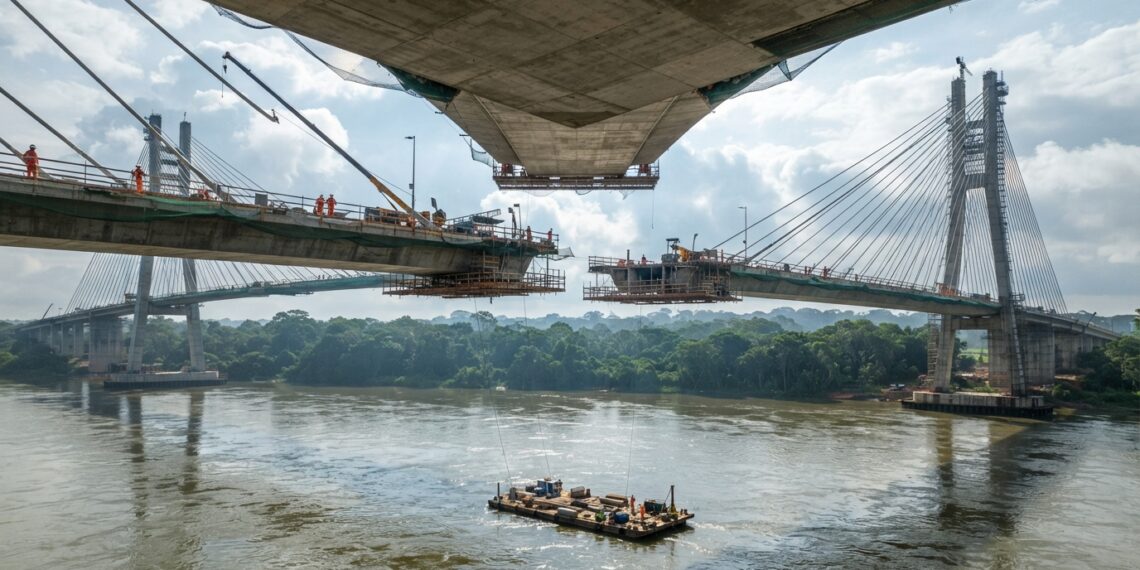Vista próxima ao nível da água de uma representação da ponte estaiada sobre o Rio Xingu, com grande vão central, cabos inclinados e tabuleiro em construção.