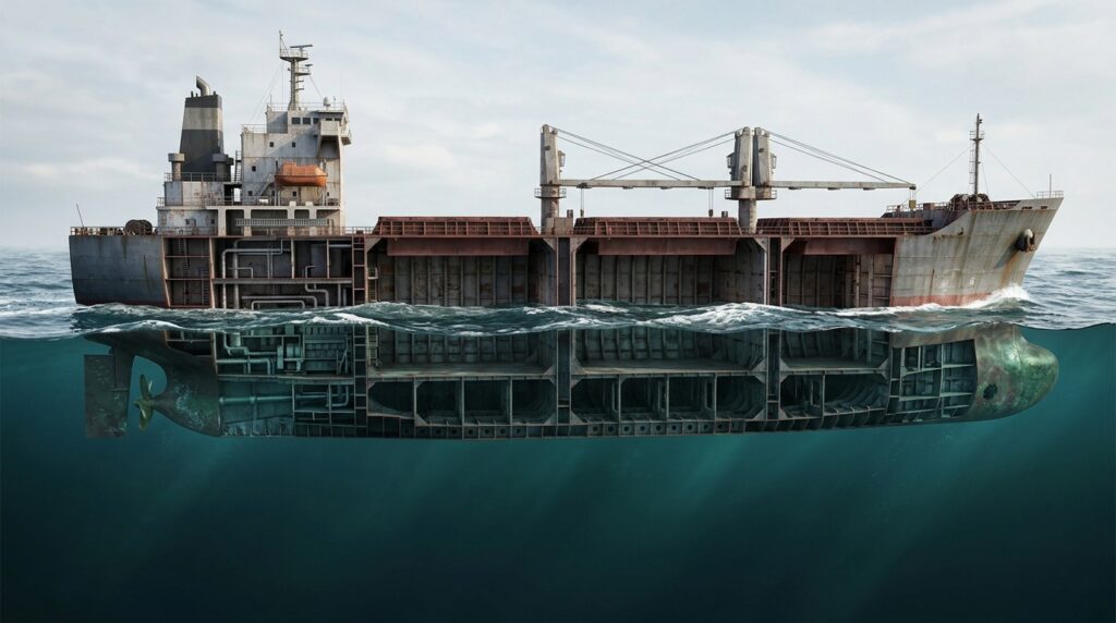 Vista em corte de um navio cargueiro mostrando o casco oco e a parte submersa que desloca água.