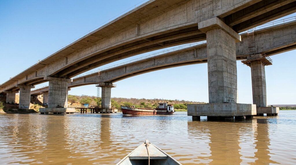 Pilares de concreto e vão central de uma ponte rodoviária sobre um rio largo, com embarcação passando por baixo.