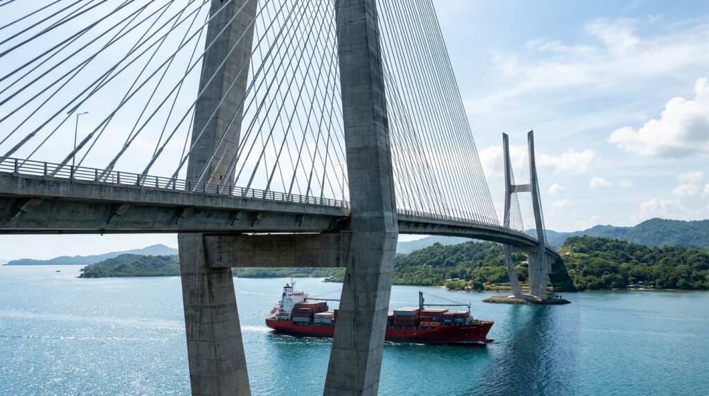 Torres de concreto e cabos de aço sustentam o tabuleiro de uma ponte estaiada sobre o mar.