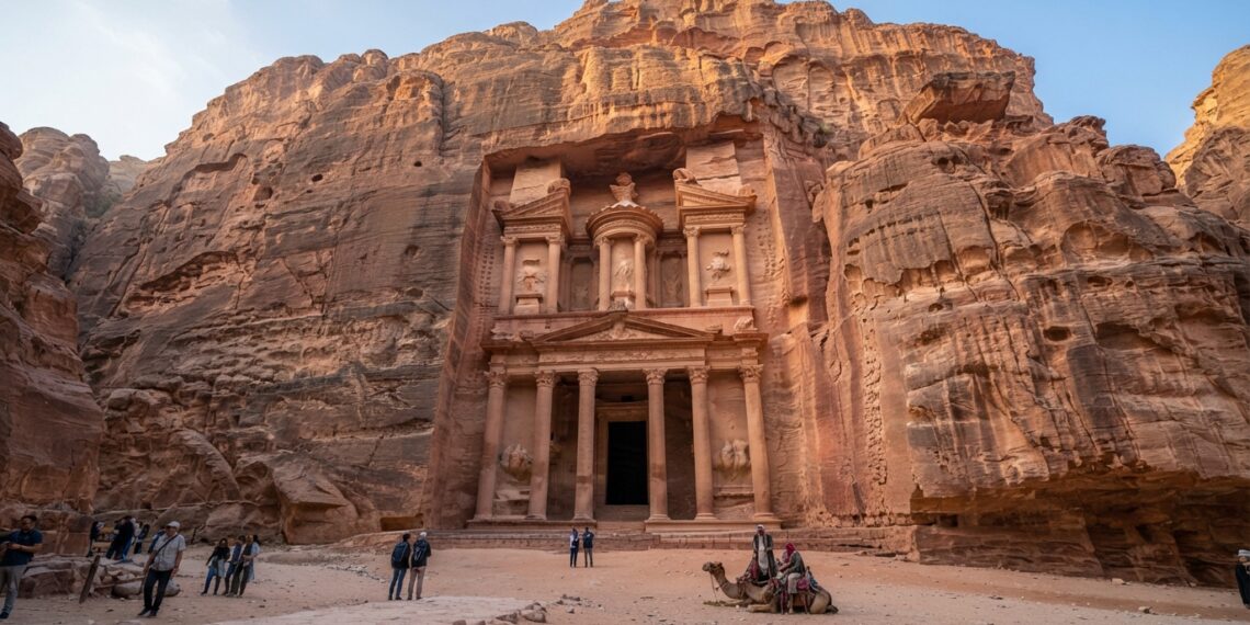 Fachada monumental do Tesouro de Petra esculpida diretamente em um paredão de arenito na Jordânia.