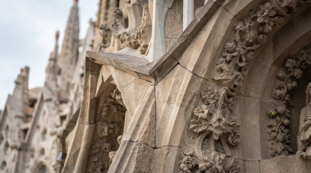 Detalhes geométricos e superfícies de pedra esculpida na arquitetura da Sagrada Família.