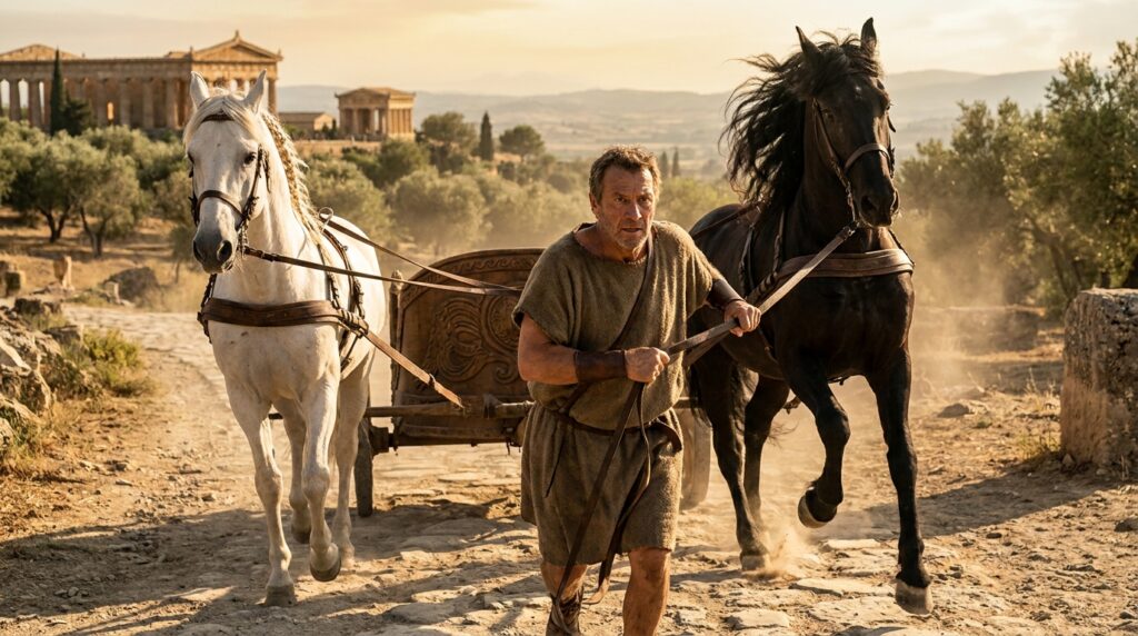 Cocheiro conduz dois cavalos, um branco e outro escuro, em representação da metáfora da carruagem de Platão.