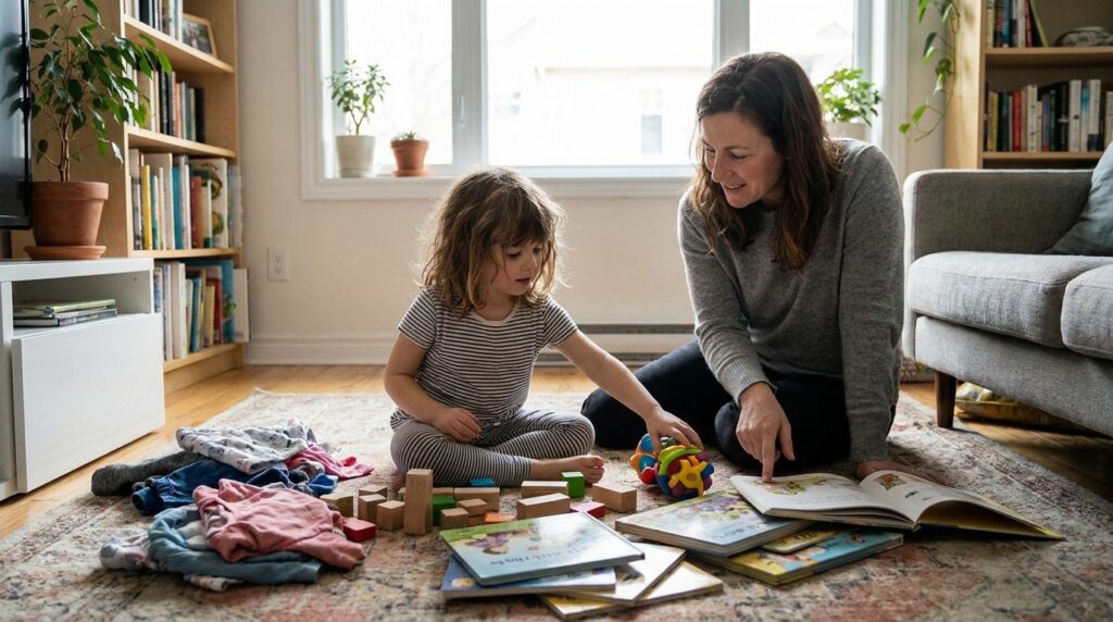 Menina explorando brinquedos e livros em casa, em uma cena que representa a influência do ambiente social durante a infância.