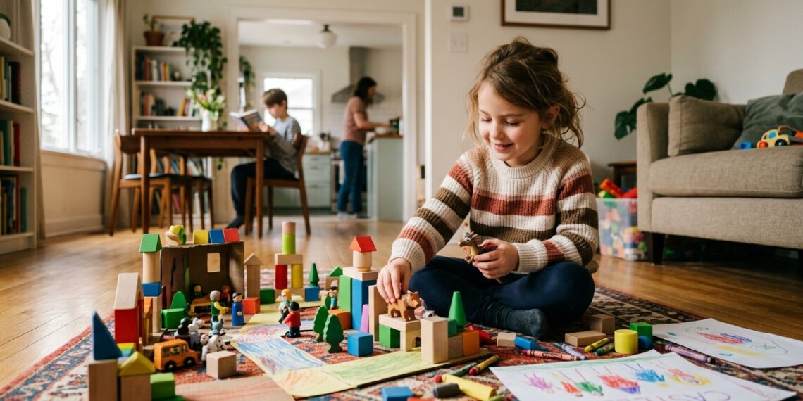 Criança brinca sozinha de forma criativa com blocos e brinquedos em um ambiente familiar seguro.