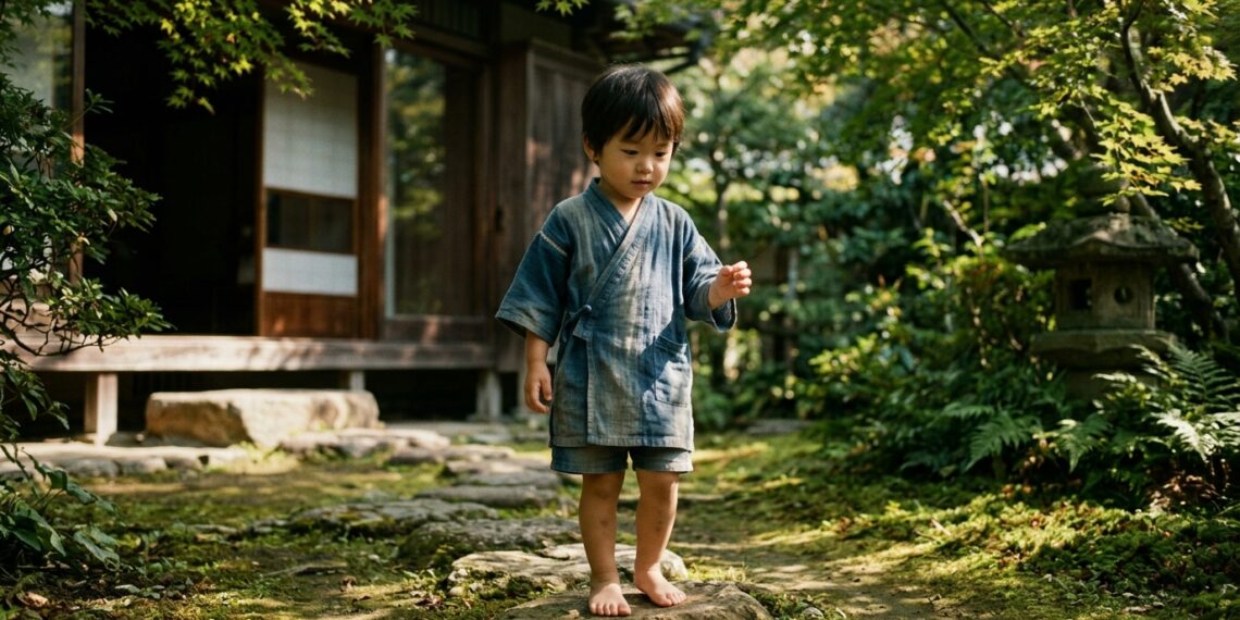 Criança japonesa de três anos em um jardim tradicional, representando a influência da primeira infância no desenvolvimento humano.
