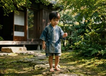 Criança japonesa de três anos em um jardim tradicional, representando a influência da primeira infância no desenvolvimento humano.