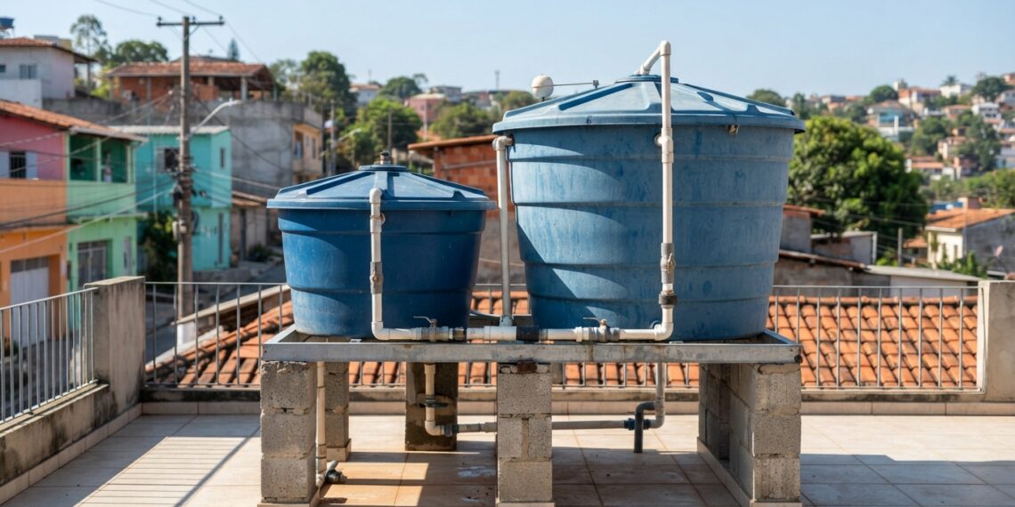 Caixas-d’água residenciais de 500 e 1.000 litros instaladas em uma área técnica de uma casa.