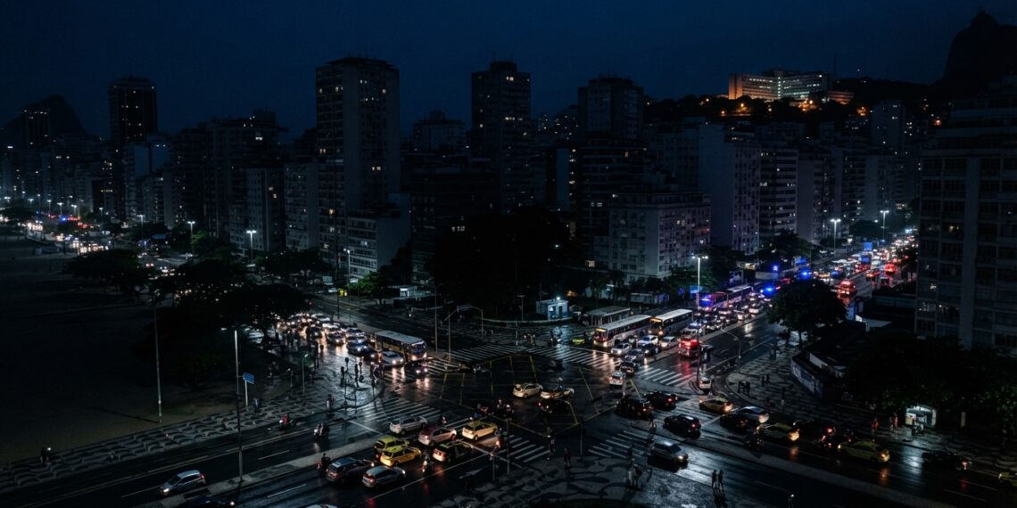 Cidade brasileira parcialmente às escuras durante um apagão, com trânsito e edifícios afetados pela falta de energia.