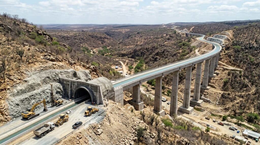 Túnel e aqueduto permitem que o ramal atravesse morros e vales no sertão.