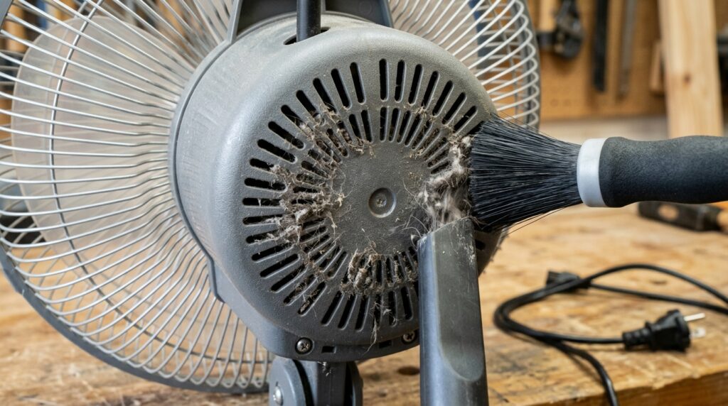 Poeira, fiapos e cabelos aparecem presos nas frestas de ventilação do motor do ventilador.
