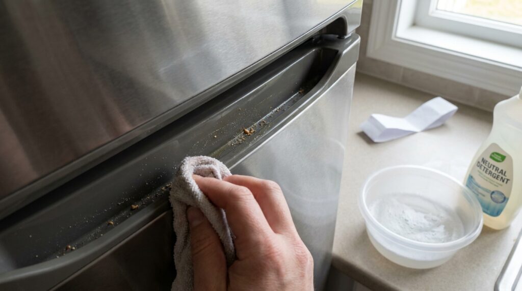 Borracha da porta do freezer é limpa com pano macio e detergente neutro.