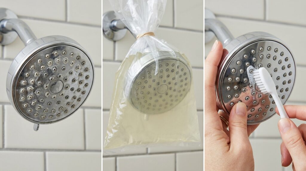 Vinagre e escova macia são usados para soltar resíduos acumulados nos furos do chuveiro.