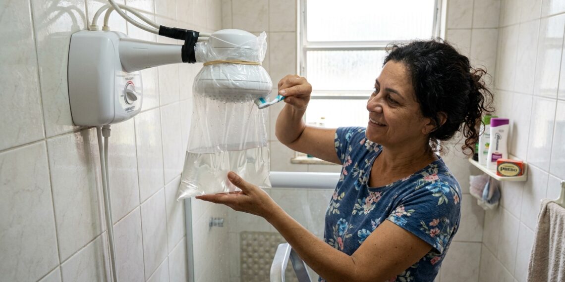 Pessoa limpa os furinhos do chuveiro com vinagre e escova macia sem desmontar a peça.