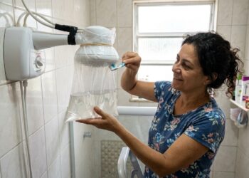 Pessoa limpa os furinhos do chuveiro com vinagre e escova macia sem desmontar a peça.
