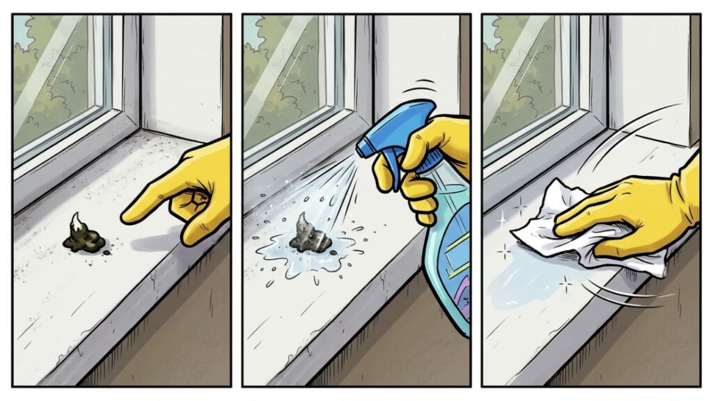 Cleaning_windowsill_step_by_step_20261023081532-1024x576 As pequenas fezes na janela podem não ser de rato: como reconhecer sinais de lagartixa