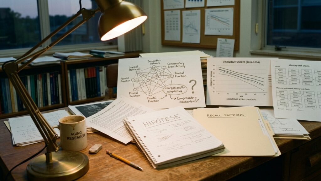 Cognitive_aging_research_desk_setup_20261001000825-1024x576 Novo estudo propõe que o cérebro que envelhece não está apenas perdendo memória: ele pode estar trocando detalhes por conhecimento, estabilidade emocional e visão do todo