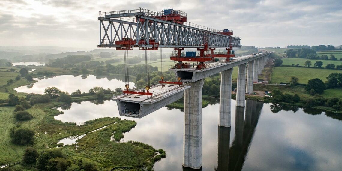 Colne Valley Viaduct atravessando lagos no Reino Unido, com treliça metálica instalada sobre o tabuleiro de concreto