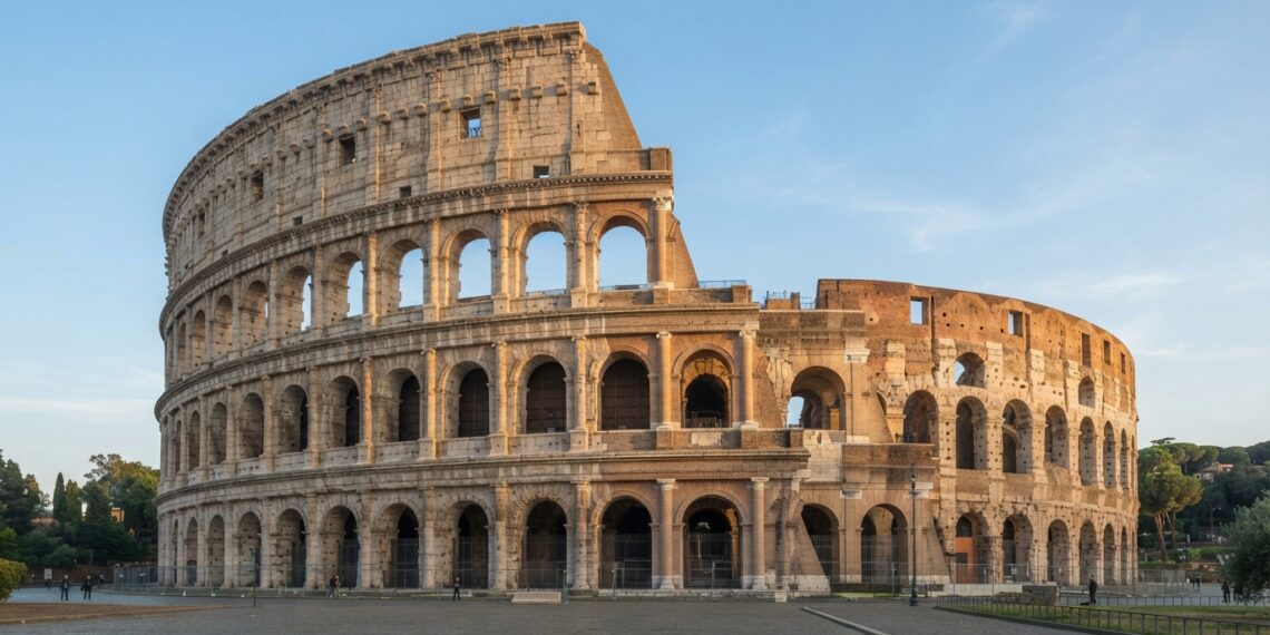 Fachada do Coliseu de Roma com seus arcos de pedra e níveis arquitetônicos preservados.