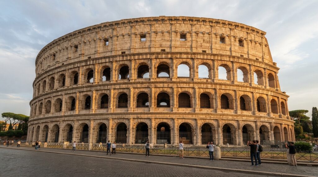 Fachada do Coliseu de Roma com seus arcos sobrepostos e pilares de pedra.