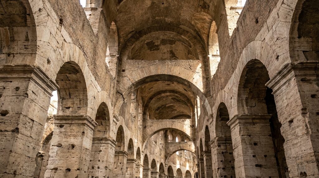 Abóbadas e arcos de alvenaria do Coliseu de Roma, elementos fundamentais de sua estrutura.