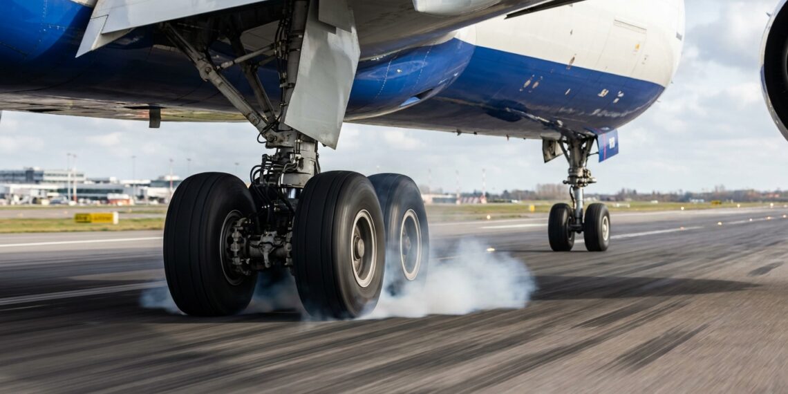 Pneus do trem de pouso de um avião comercial tocando a pista e liberando uma pequena nuvem de fumaça.