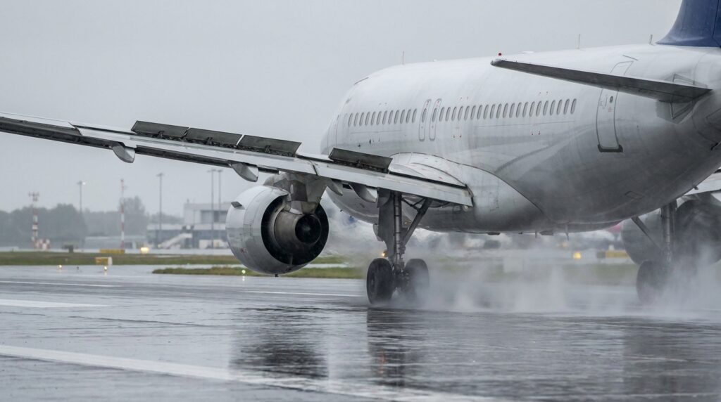 Avião comercial desacelerando em pista molhada após o pouso, com spoilers de solo elevados e água sendo projetada pelos pneus.