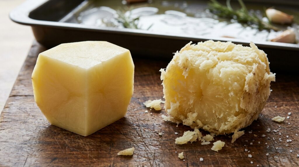 Comparação mostra uma batata de superfície lisa e outra com bordas ásperas após o pré-cozimento e a agitação.