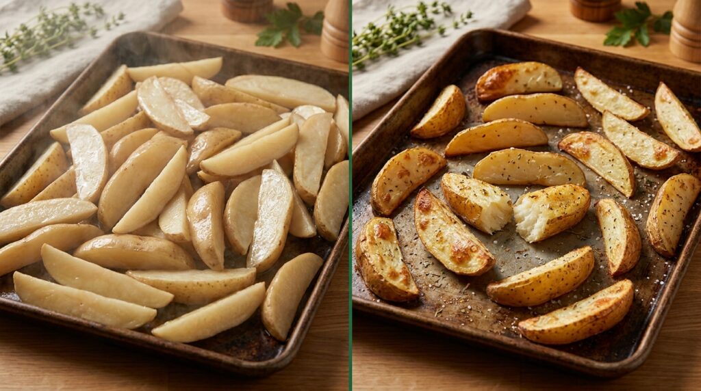 Comparação entre batatas amontoadas e úmidas e batatas assadas espaçadas com bordas douradas.