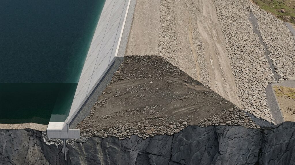 Corte técnico mostra maciço de rocha compactada protegido por uma face impermeável de concreto.