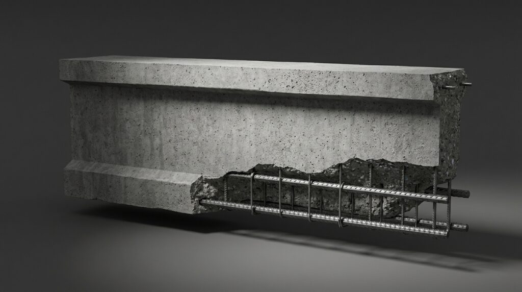 Corte de uma viga de concreto armado mostrando barras de aço posicionadas na região tracionada.