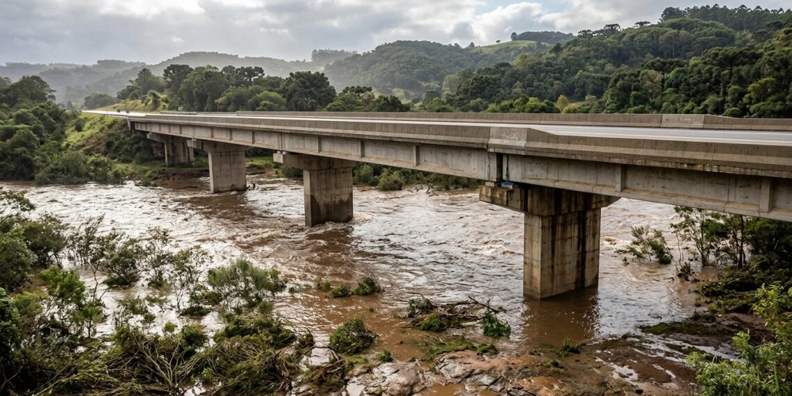 Ilustração de uma ponte rodoviária elevada de concreto sobre um rio com nível de água alto após chuvas intensas no Rio Grande do Sul.